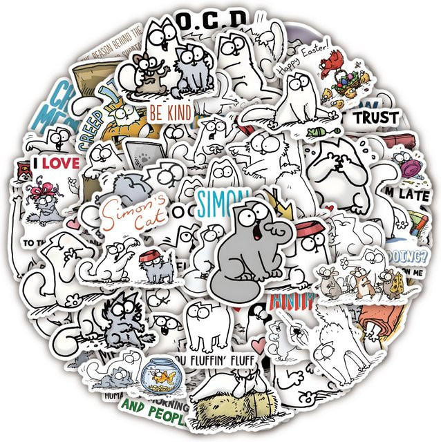 50 Stück Simon's Cat Aufkleber, wasserfeste Cartoon-Tier Graffiti Sticker in Multicolour für Koffer, Wasserbecher und Handyhüllen - Bild 1