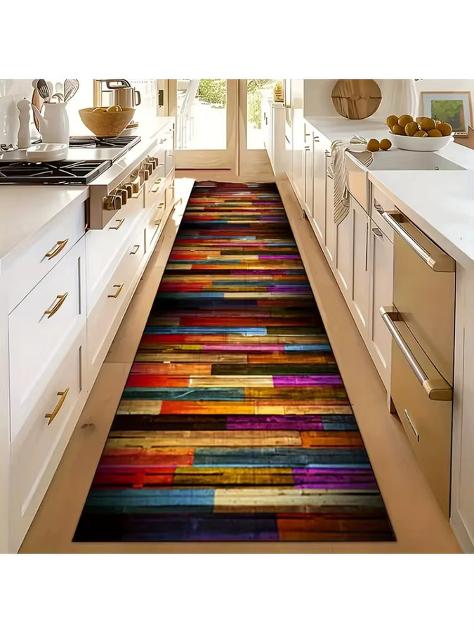 VIKAMA Küchenteppich mit Vintage-Holzmaserung und Streifen-Design, rutschfest und maschinenwaschbar, Mehrfarbig, Rechteckig - Bild 5