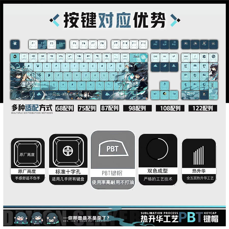 Muichiro Tokito Anime Tastenkappen Set aus PBT mit 122 Tasten in Blau für Made68, Mad68 und Wooting 60 kompatibel - Bild 2
