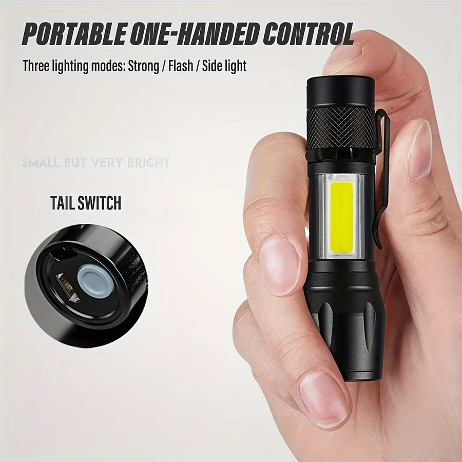Heinast Mini LED Taschenlampe mit COB und XPE, tragbare USB-Aufladbare Camping Laterne mit Zoom und Stift-Clip, Schwarz - Bild 5