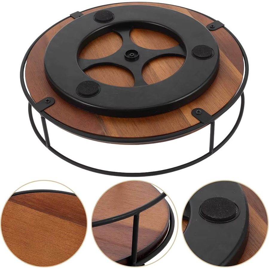 LMETJMA Lazy Susan Drehteller aus Akazienholz mit Metallrahmen in Braun, runder Organizer für die Küche und Serviertablett - Bild 2