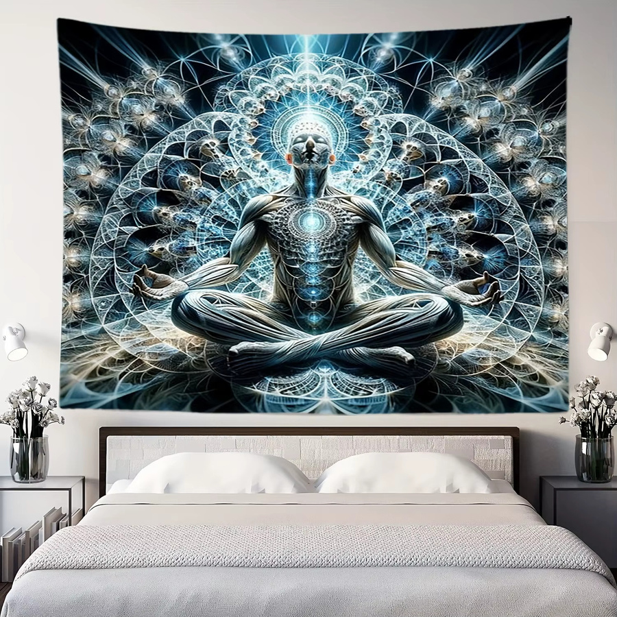 VIKAMA Cosmic Meditation Geometrischer Wandteppich mit Sanskrit Symbol in Blau für Yoga und Meditationsräume - Bild 2