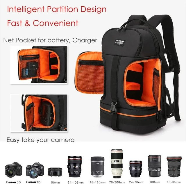 JINNUOLANG Wasserdichter Videokamera-Rucksack mit Reflektorstreifen und Stativkoffer für 15,6-Zoll-Laptop, stoßfest und weich gepolstert, Schwarz/Grau - Bild 1