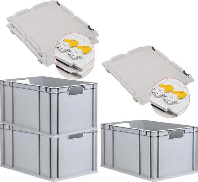 PROREGAL Spar Set 3x Eurobox Nextgen Economy mit Scharnierdeckel und gelben Schiebeschnappverschlüssen, Grau, H x B x T: 32 x 40 x 60 cm - Bild 1