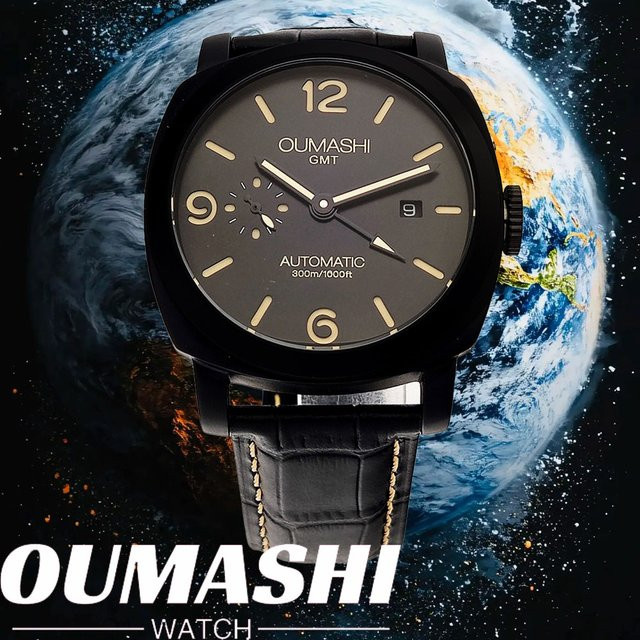 OUMASHI Armbanduhr GMT, mechanisch, Edelstahlgehäuse, 45 mm, Lederarmband, Herren - Bild 1