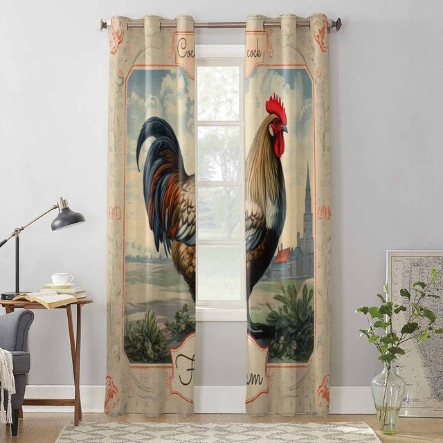 Super Six Bauernhof Vorhang mit Hahn-Motiv in Beige, halbtransparent, Breite: 135 cm, Höhe: 60 cm - Bild 1