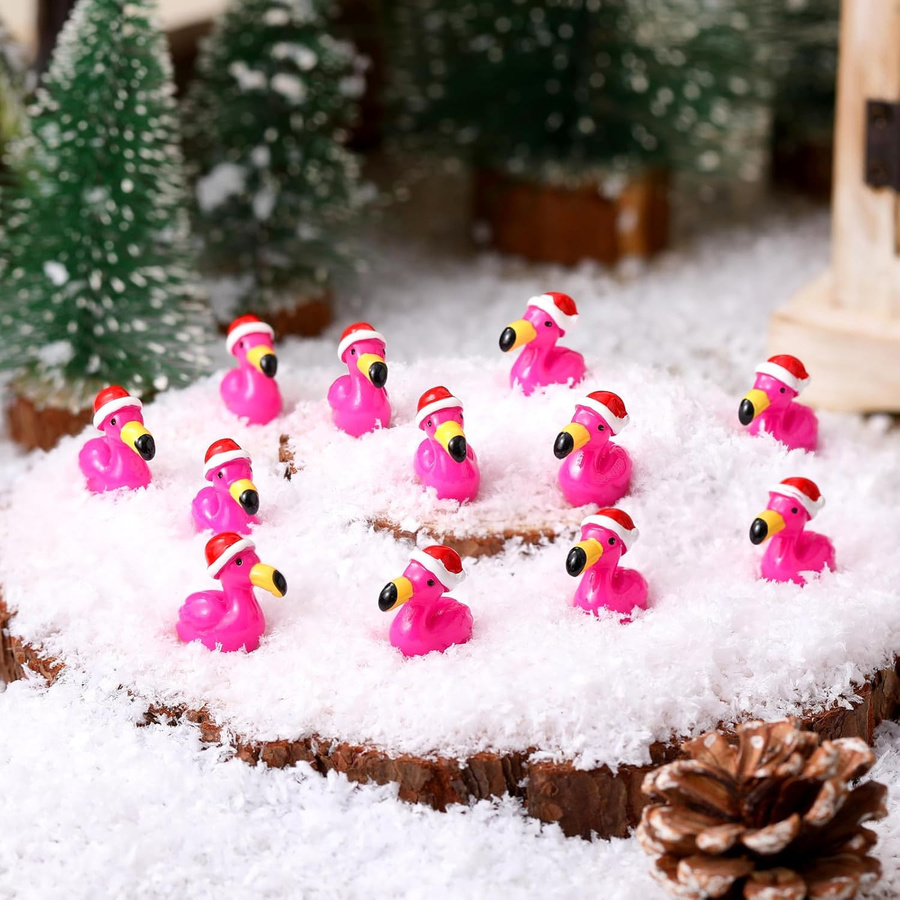 Yiran Toy Mini Flamingo Weihnachtsornamente aus Harz in Pink mit Weihnachtsmannmütze für Feengarten und Tischdekoration - Bild 3