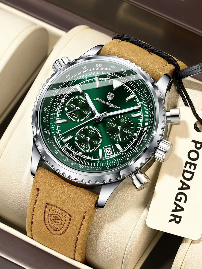 POEDAGAR Chronograph, Quarz, Leder, Herren, Grün, Silber - Bild 7