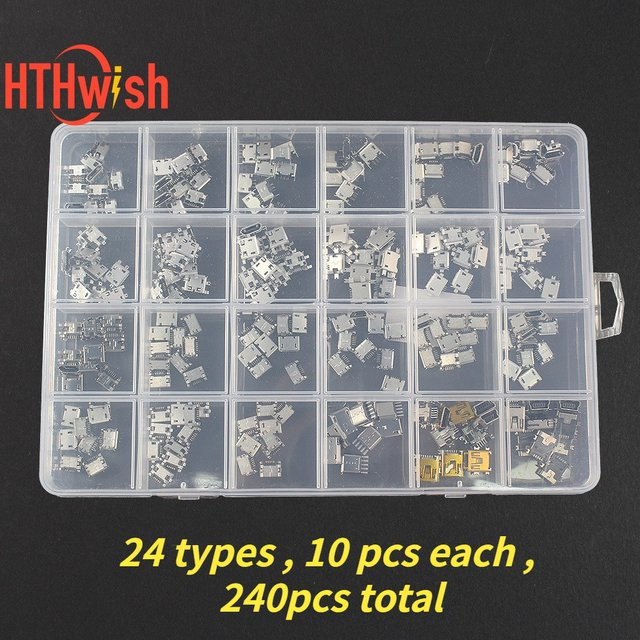 240 Teile Micro USB Stecker Kit mit 24 Modellen für SMD und DIP Lötarbeiten in Silber - Bild 1