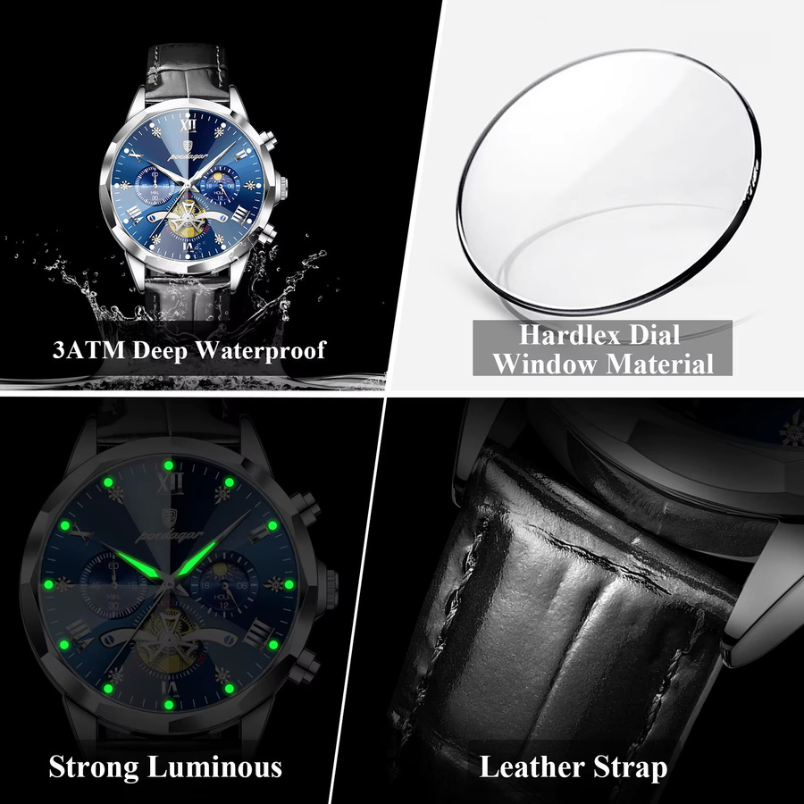 POEDAGAR Chronograph, Quarz, Leder, Blau, Herren - Bild 4