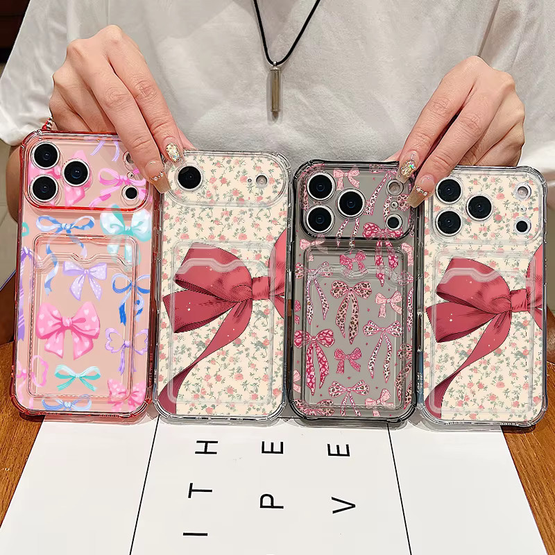 YISHANGOU Handyhülle mit rotem Schleifenmuster und Kartenfach für iPhone 17 16 Pro Max 15 14 13 Pro Max, transparente TPU Silikonhülle - Bild 3