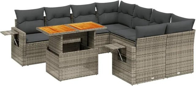 vidaXL 9-teilige Garten-Sofagarnitur aus Poly-Rattan und Akazienholz in Grau mit Kissen - Bild 1
