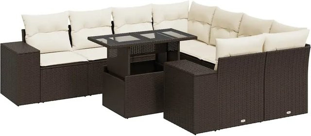 vidaXL 9-tlg. Garten-Sofagarnitur aus braunem Poly-Rattan mit cremeweißen Kissen und pulverbeschichtetem Stahlgestell - Bild 1