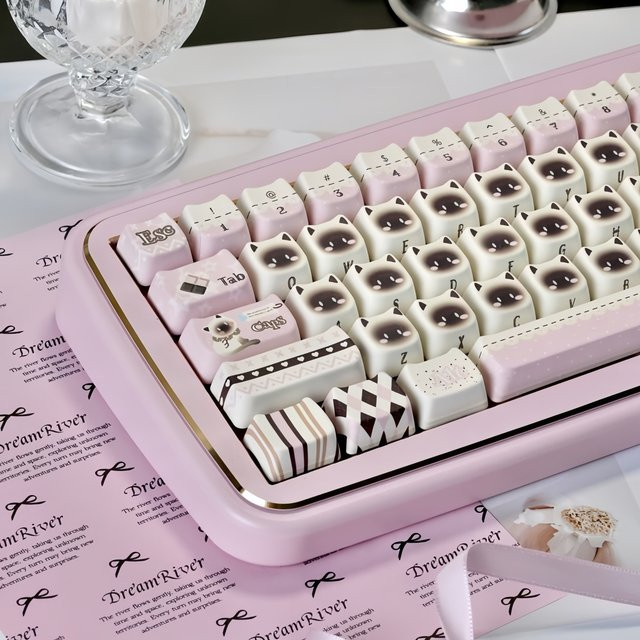 FSWHBY MAO Profile Cat Head Custom Keycap Set, 130 Tasten, Pink Cat, PBT Tastenkappen für MX Switches und mechanische Tastaturen - Bild 1