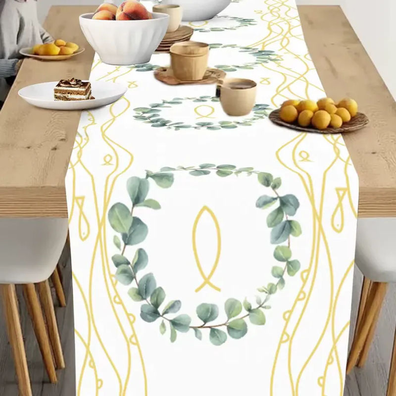 VIKAMA Tischläufer für Kommunion und Taufe in Weiß mit floralem Design aus Leinen, B/H: 90 x 33 cm - Bild 4