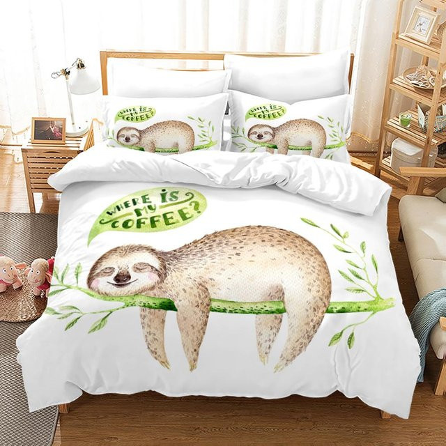 Bettwäsche-Set mit Faultier-Motiv von Your Warm Home, 2-teilig aus Polyester, Farbe: Weiß, B/H: 135 x 200 cm, dazu 2 Kissenbezüge mit B/H: 50 x 70 cm - Bild 1