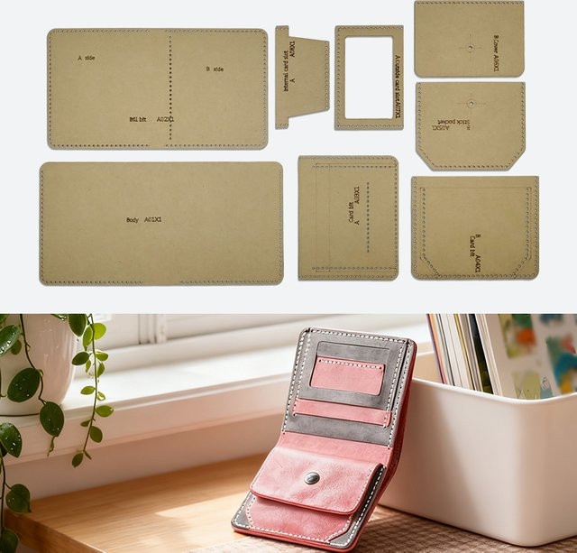 YOMDID 8 Stück handgefertigte Leder-Geldbörsen-Nähmuster in Beige als DIY-Vorlagen für Kurzbrieftaschen und Kartenhalter aus Kraftpapier - Bild 1