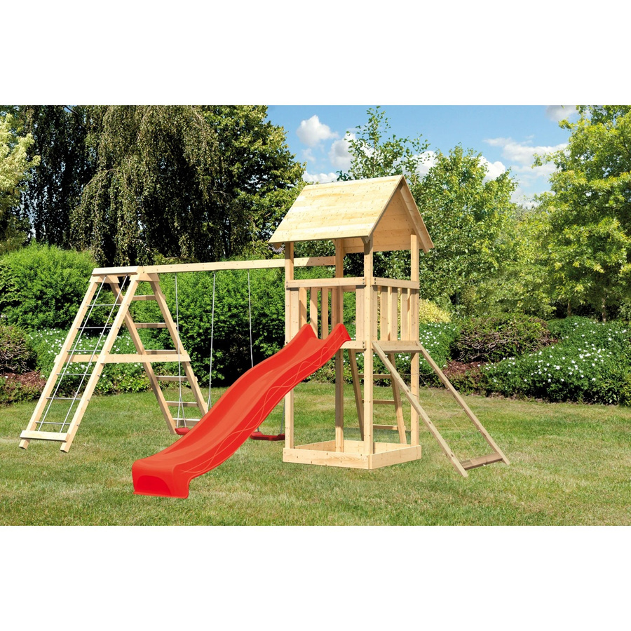 Karibu Spielturm Lotti mit Doppelschaukel, Netzrampe, Klettergerüst und Rutsche in Rot - Bild 2