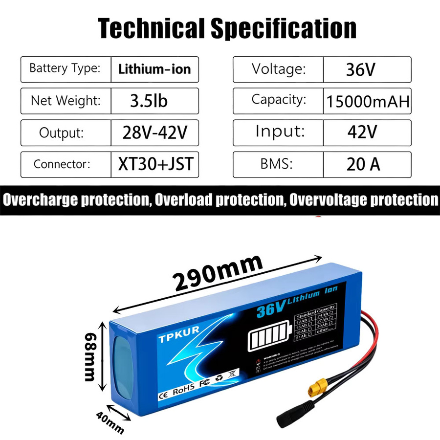 TPKUR Lithium-Ionen-Akku-Pack 36V 15000mAh 10S3P für Elektroroller in Blau mit integriertem BMS - Bild 2