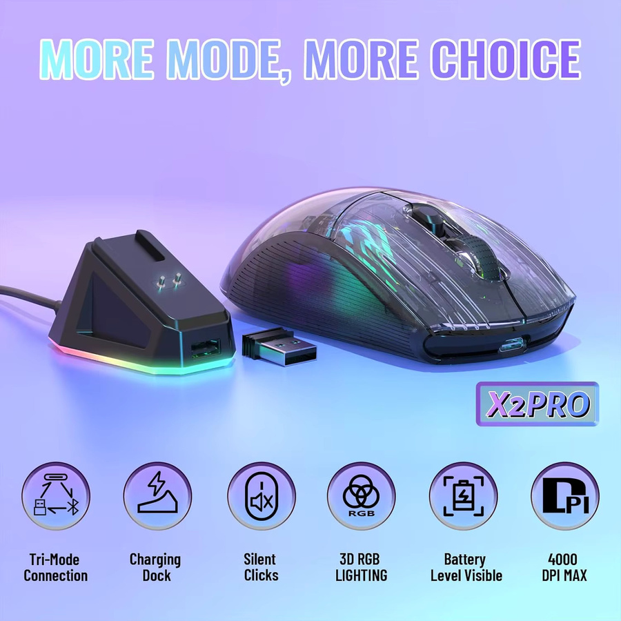 ATTACK SHARK X2 Pro Tri-Mode-Gaming-Maus mit RGB-Ladestation, transparentes Gehäuse in Weiß, PixArt 3212 Sensor und bis zu 4000 DPI - Bild 2