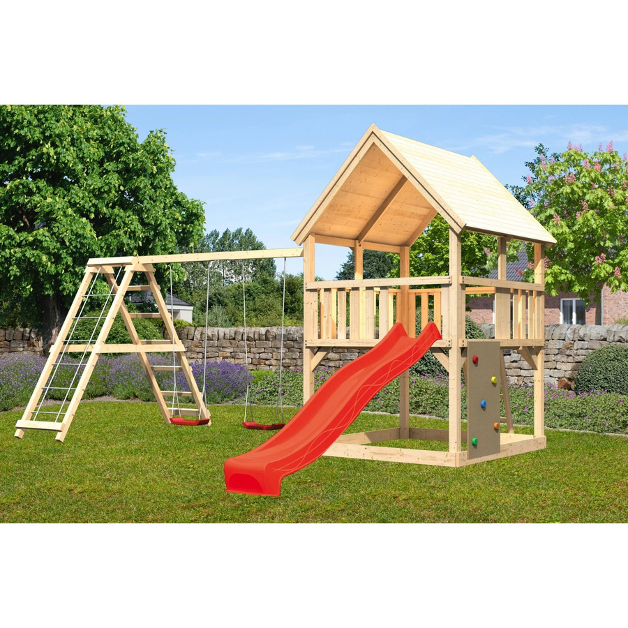 Karibu Spielturm Luis Doppelschaukel mit Klettergerüst, Kletterwand und Rutsche in Rot - Bild 2