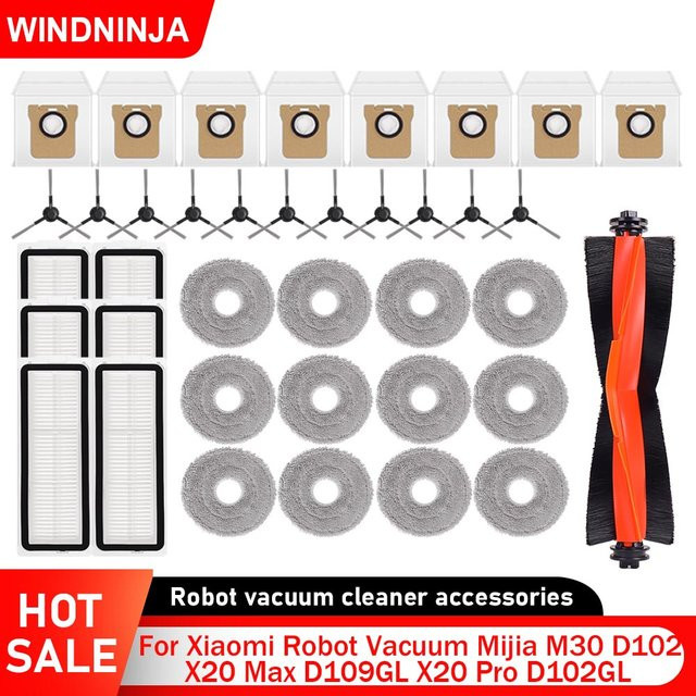 WINDNINJA Zubehör-Set für Xiaomi Mijia M30 X20 Max X20 Pro D102 D102GL D109GL mit Staubbeuteln, Hauptbürste, Seitenbürsten, Filtern und Wischpads - Bild 1