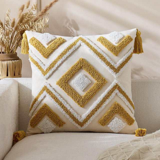 JMG Clothing Kissenhülle aus Samt mit geometrischem Diamantmuster und Quasten in Weiß, B/T: 45 x 45 cm - Bild 1