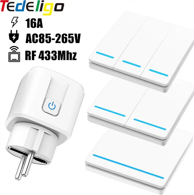 tedeligo Smart Steckdose mit drahtloser Fernbedienung und programmierbarem Push Button Wandschalter, Farbe: Weiß - Bild 1