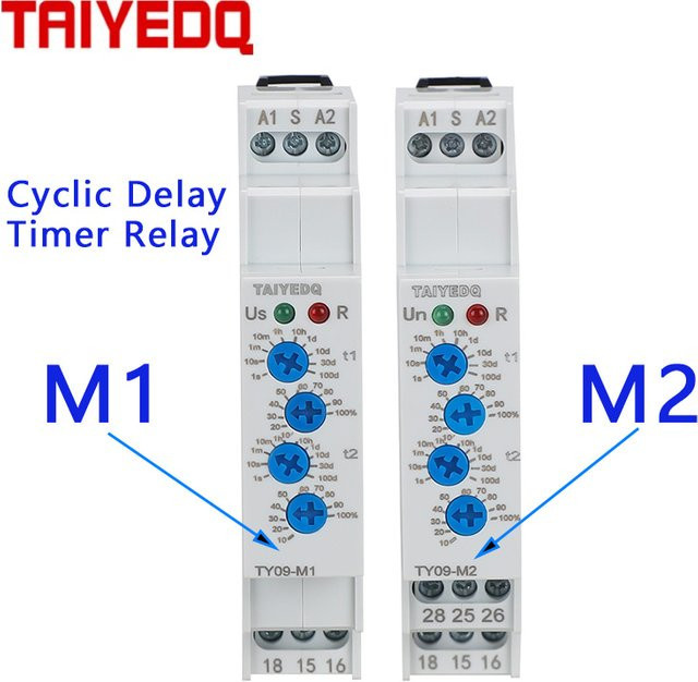 TAIYEDQ Zyklischer Verzögerungs-Zeitschaltrelais TY09-M1 M2 mit 2SPDT, 220 V, 16 A, 12 V-240 V AC/DC, 0,1 s-100 Tage, zur DIN-Schiene, Weiß - Bild 1
