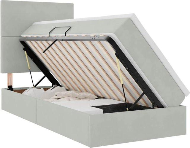 vidaXL Bett mit Stauraum und LED in Hellgrau aus Samt, B/T/H: 90 x 200 x 128 cm - Bild 1