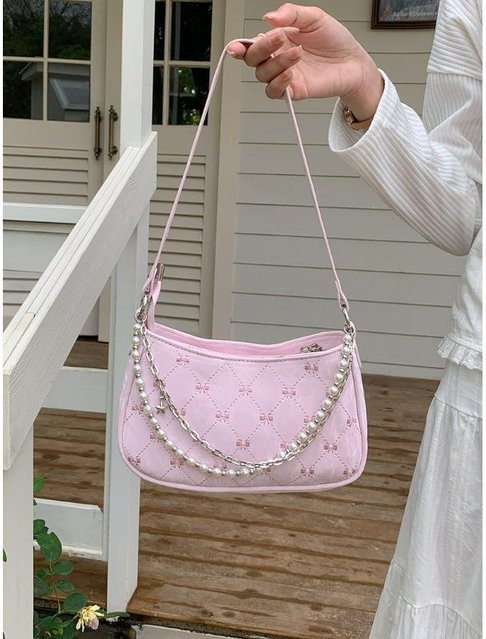 JMG Bags Schultertasche Damen, Pink Butterfly, Perlen, Metallkette, gray - Bild 1