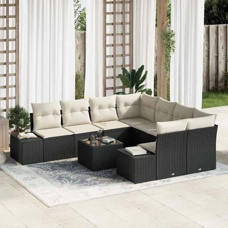 Vidaxl Garten-Sofa-Set aus Polyrattan in Schwarz, 9-teiliges modernes Loungemöbel-Set mit Polyester-Polstern - Bild 1