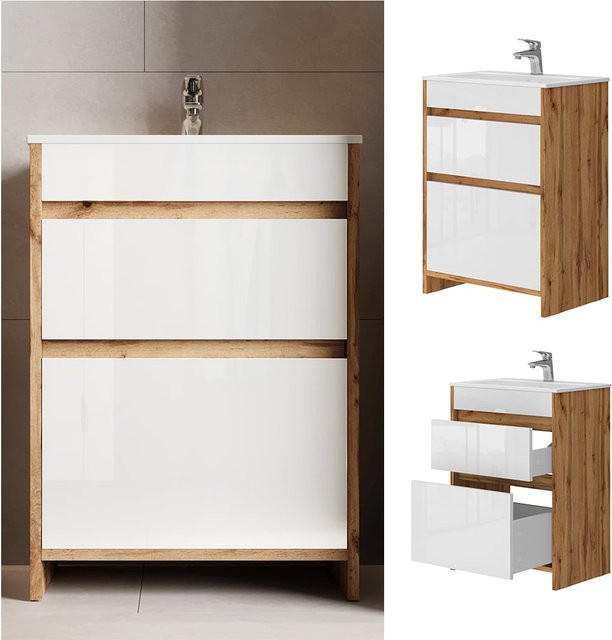 Vicco Badmöbel-Set Detmold Waschbecken mit Unterschrank in Eiche und Weiß, Breite: 60 cm, Tiefe: 40 cm, Höhe: 81,9 cm - Bild 1