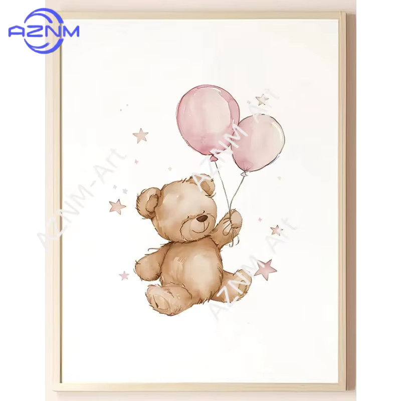3-teiliges AZNM Teddybär Wandbild-Set für das Kinderzimmer mit rosa Ballons im skandinavischen Design - Bild 2