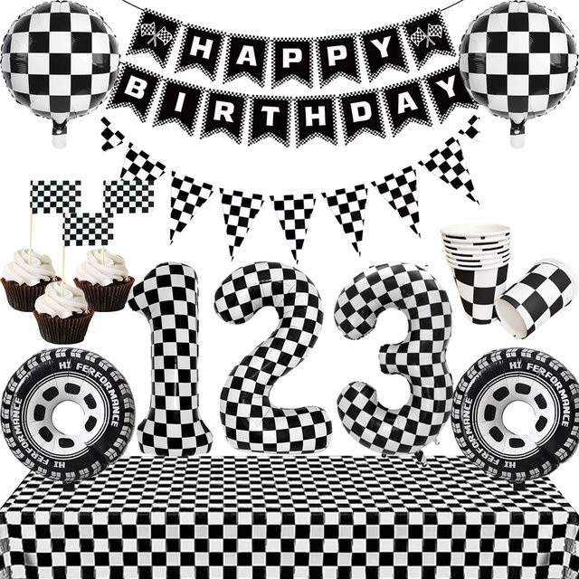 PartiesTour Rennwagen Geburtstag Party-Dekoration Set mit schwarz-weiß karierten Wimpelketten und Tischdecke für Kinder - Bild 1