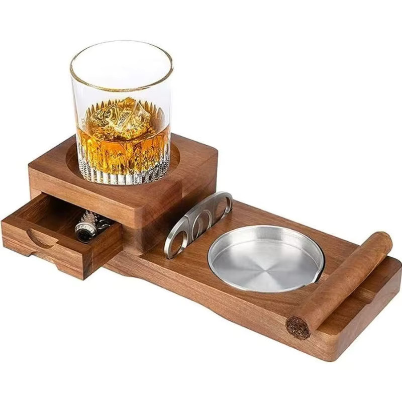 KeYi Holz-Zigarrenaschenbecher in Braun mit Whiskyglashalter, Stahlschlitz und Schublade - Bild 4