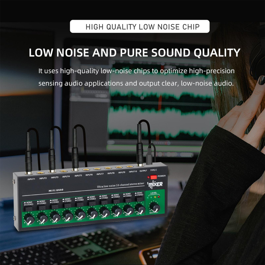 Andoer 10-Kanal Audio Mixer Stereo Mono Line Mixer mit USB-C und Metallgehäuse in Schwarz - Bild 8