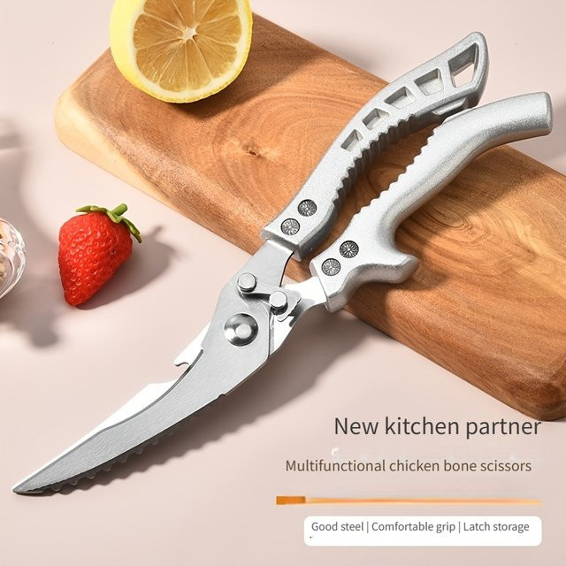 Professionelle Küchenschere aus Edelstahl von SHIBO in Silber für Fleisch, Hühnerknochen und Camping - Bild 1
