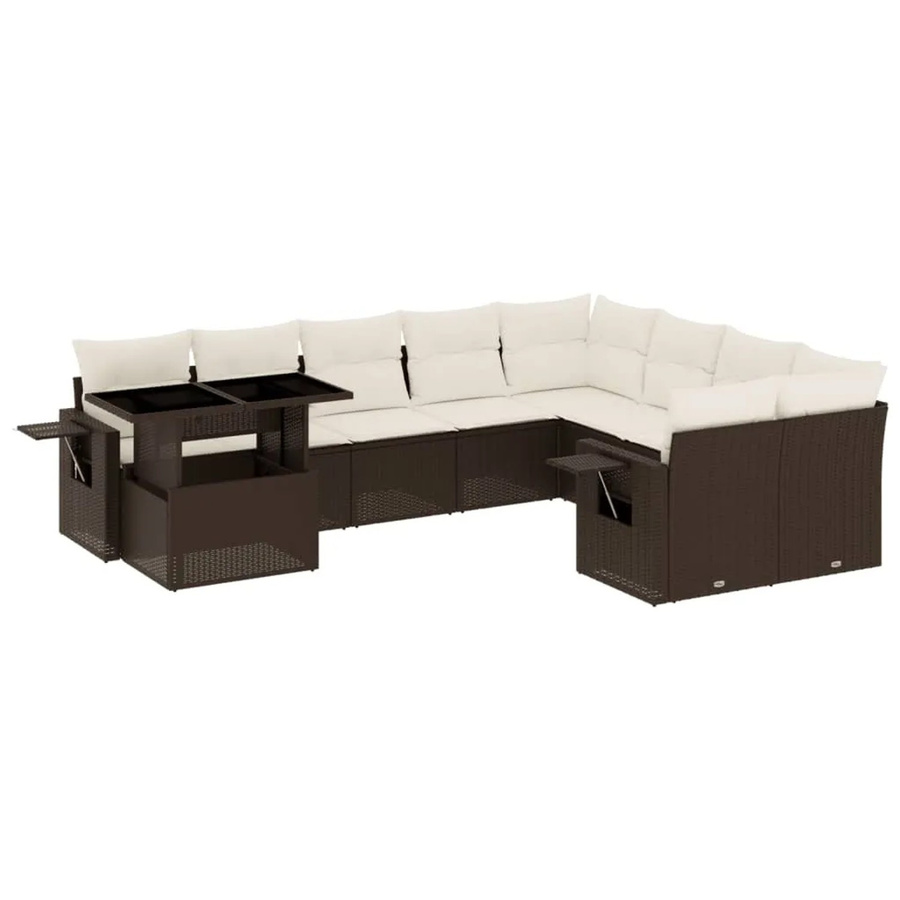 vidaXL 10-tlg. Garten-Sofagarnitur L-Form aus Poly-Rattan in Braun mit cremeweißen Kissen - Bild 2