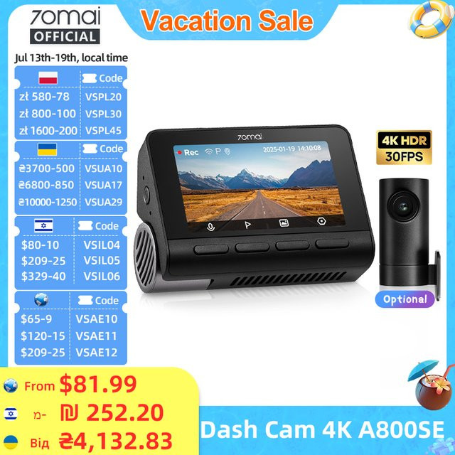 70mai Dashcam A800SE 4K UHD mit Zweikanal-Funktion, 24-Stunden-Parkmodus, HDR, Superkondensator, Wifi 6 und Sprachsteuerung in Schwarz - Bild 1