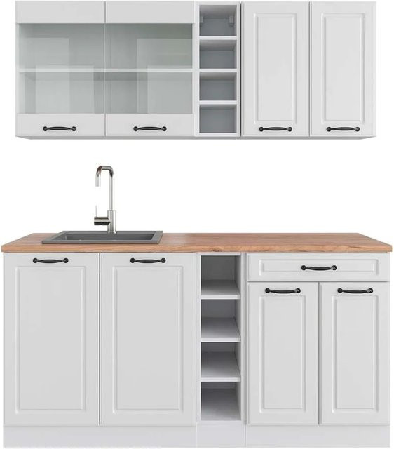 Vicco R-Line Singleküche Landhaus Weiß-strukturiert mit Eiche-Elementen, B: 160 cm - Bild 1