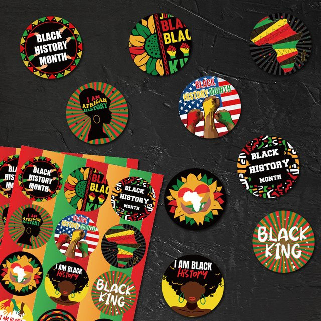 10 Stück selbstklebende Aufkleber mit Black History Month Motiv in Schwarz und Multicolour, runde Papieraufkleber mit abstrakten Mustern und Buchstaben zur Dekoration - Bild 1