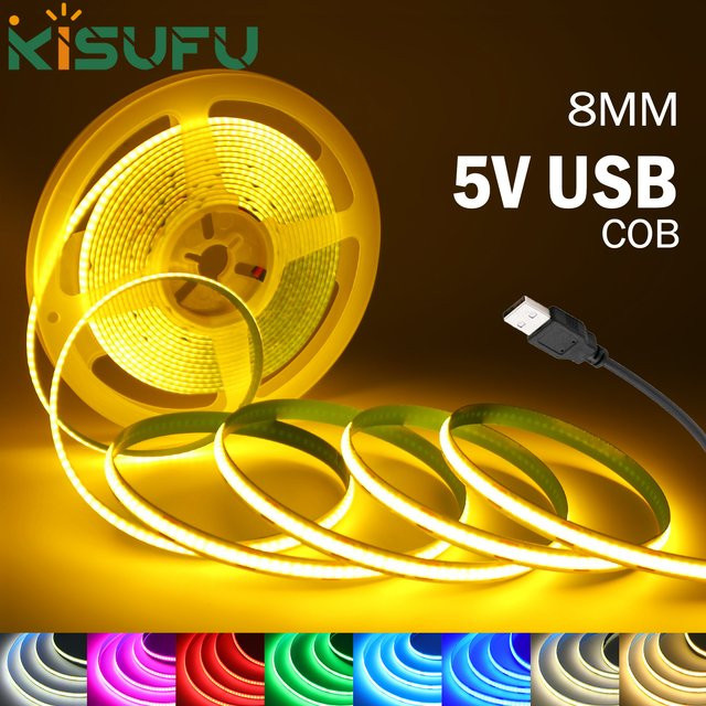KISUFU COB LED Streifen USB Anschluss mit 320 LEDs als flexible TV Hintergrundbeleuchtung und Nachtlicht in Multicolour, Breite: 8 mm - Bild 1