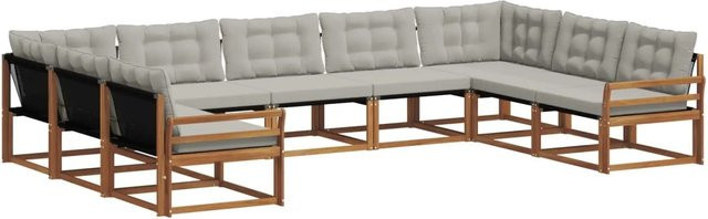 vidaXL Outdoor-Sofagarnitur 9-teilig in U-Form aus massivem Akazienholz mit Textilene und Kissen in Beige und Grau - Bild 1