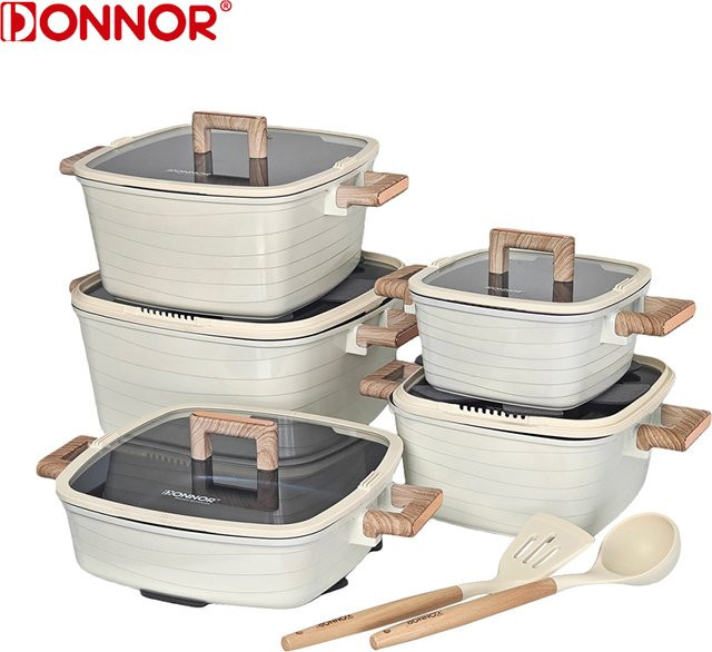 DONNOR 15-teiliges Kochgeschirr-Set in Grau mit antihaftbeschichteten Töpfen und Pfannen sowie Bakelit-Griff für alle Herdarten - Bild 1