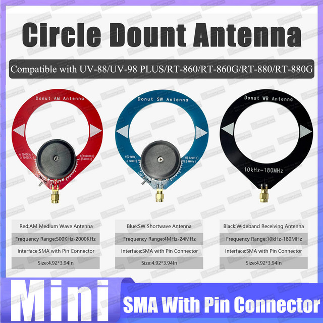 RONGYIN Kreisförmige Loop-Antenne Donut-Breitbandantenne für SW AM WB mit SMA-Steckverbinder in Schwarz für UV-88 UV-98 Plus RT-860G Funkgeräte - Bild 1
