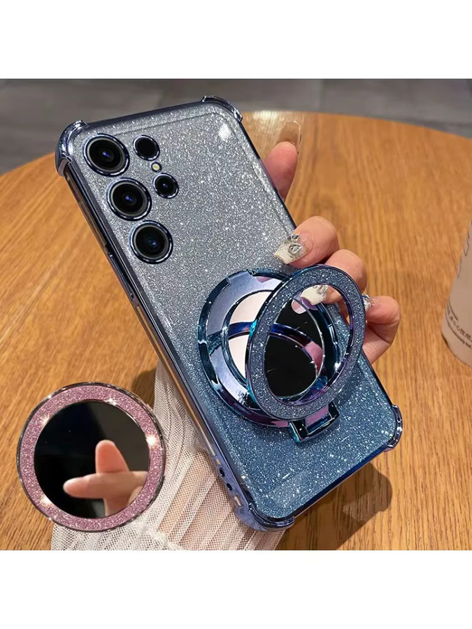 Glitzer-Silikonhülle für Samsung Galaxy S26Ultra, S25 Edge und S25 FE in Silber mit drehbarem Spiegelständer, Linsenschutz und stoßfestem Cover - Bild 2