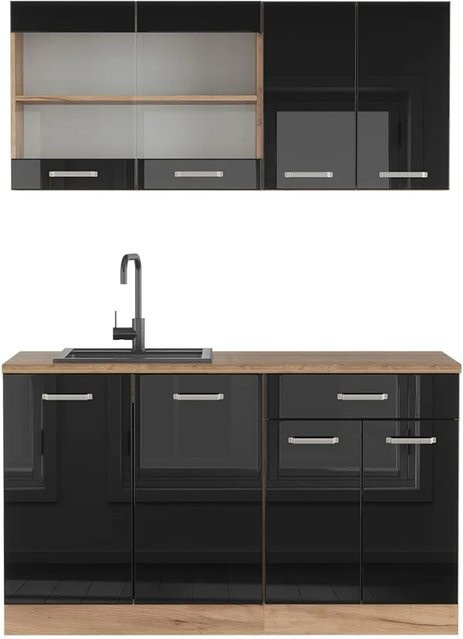 Vicco R-Line Singleküche Schwarz Hochglanz und Goldkraft Eiche, Breite: 140 cm - Bild 1