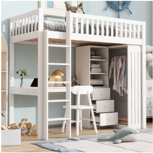 MUVOE Hochbett für Kinder in Weiß mit integriertem Schreibtisch, Schrank mit 3 Schubladen und sicherer Treppe, Material Kiefer und MDF, B/T/H: 90 x 200 cm - Bild 1