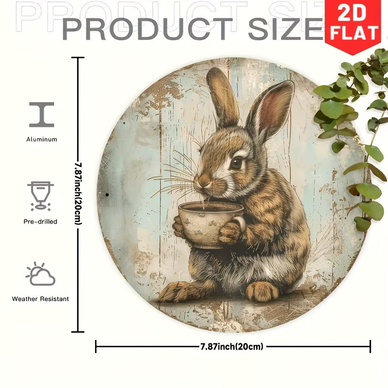 Potdemiel Rundes Metallschild Coffee Bunny Wandkunst Dekoration Vintage Mehrfarbig Durchmesser: 20 cm - Bild 2